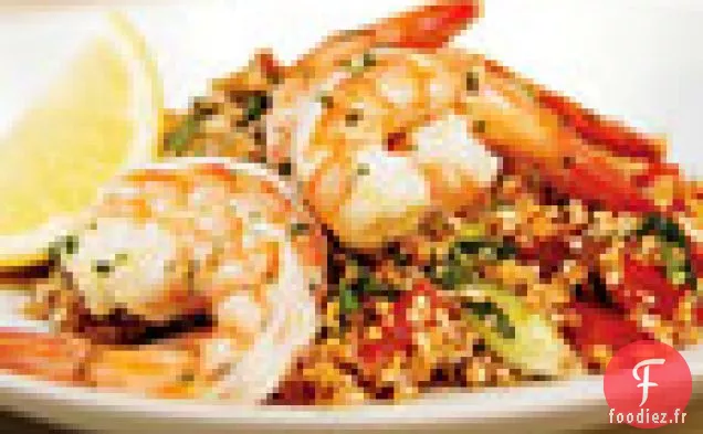 Crevettes Marinées à la Menthe avec Taboulé, Tomates et Feta