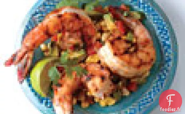 Crevettes Frottées au Chili avec Cocktail de Maïs à l'Avocat