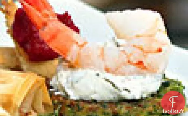 Crevettes aux Beignets de Courgettes et Tartinade de Feuilles de Raisin