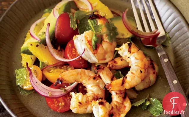 Crevettes grillées avec Salade d'Avocat et d'Orange de Maman
