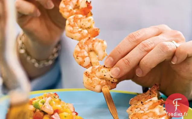 Crevettes grillées à la Mangue et à la Relish d'Oignon Rouge