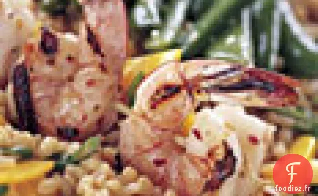 Crevettes Grillées Épicées avec Salade de Riz et Mangue et Petits Pois au Sucre de Sésame