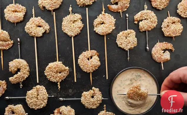 Crevettes au Sésame avec Sauce à la Coriandre et au Citron Vert