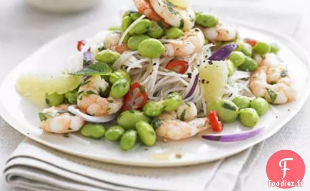 Nouilles De Riz Aux Crevettes, Edamame Et Pamplemousse