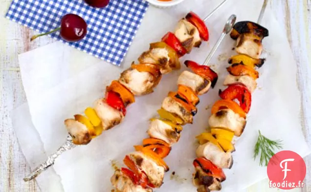 Brochettes De Poulet Grillées Avec Trempette Au Poivre Rôti