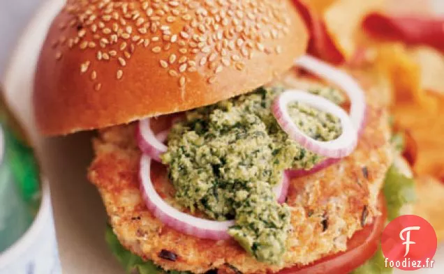 Hamburgers au Saumon au Wasabi avec Edamame - Pesto à la coriandre