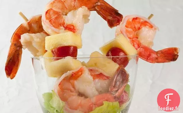 Brochettes De Crevettes Et Ananas Avec Viniagriette Au Citron Vert