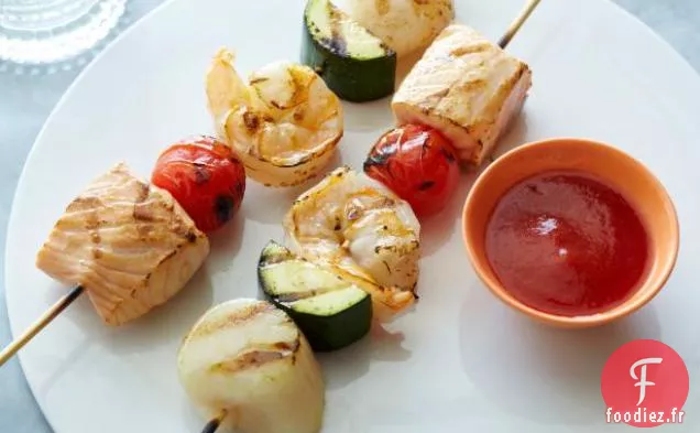 Brochettes de Fruits de Mer au Barbecue avec une sauce BBQ Pas Si Secrète