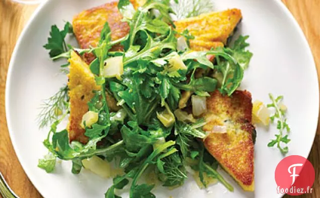 Gâteau aux Pois Chiches avec Feuilles de Fava et Salade de Roquette