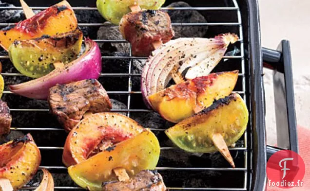 Brochettes De Steak À La Mélasse Et Au Balsamique Aux Tomates Vertes