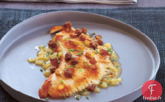 Filet de Raie Sauté aux Pommes Caramélisées et Foie de Poulet