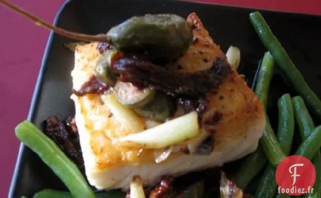 Flétan Poêlé Avec Haricots Verts, Oignons Verts et Sauce au Vin Blanc