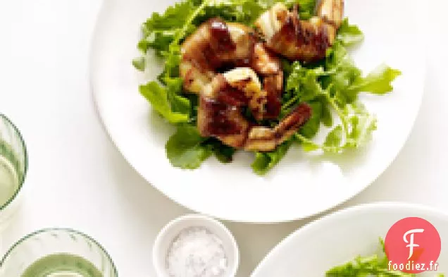 Salade De Roquette Aux Crevettes Glacées Au Miel Et Enveloppées De Bacon