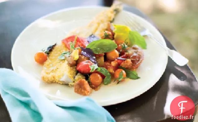 Truite frite à la semoule de maïs avec Panzanella à la Tomate, à l'oseille et au Basilic