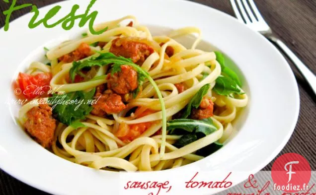 Pâtes aux Saucisses, Tomates et Roquette
