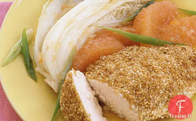 Poulet au Sésame avec Chou et Sauce au Pamplemousse Rouge