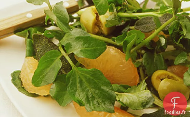 Salade de Cresson au Pamplemousse, Olives et Sauge frite