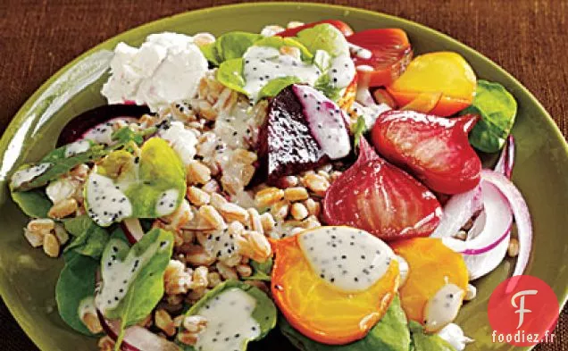 Salade Farro aux Betteraves Rôties, Cresson et Vinaigrette aux Graines de Pavot