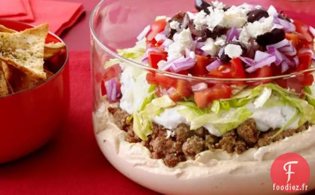 Trempette Grecque En Couches Avec Des Chips De Pita