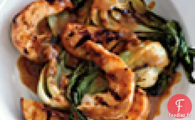 Satay de Crevettes grillées aux Pêches et Bok Choy