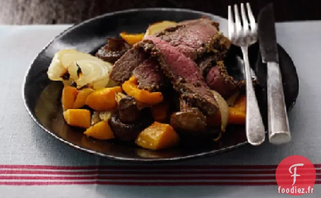 Steak de Poivre à la Courge et aux Champignons