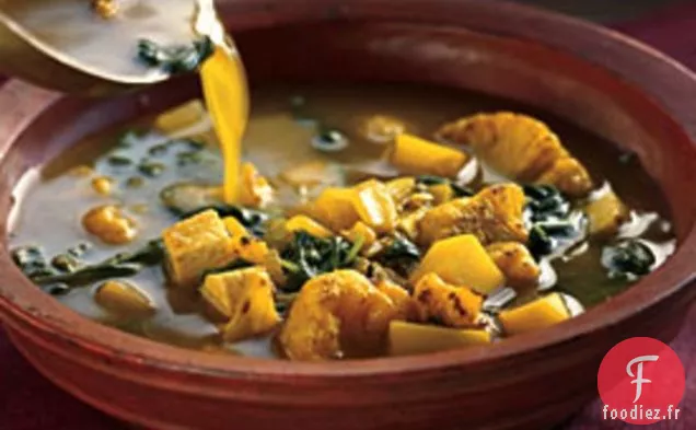Soupe de Pommes de Terre au Curry et aux Épinards avec Salsa à l'Oignon et Yogourt à la Menthe